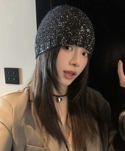 Sibra（シブラ） ニット帽 ニットキャップ スパンコールリブ編みニット