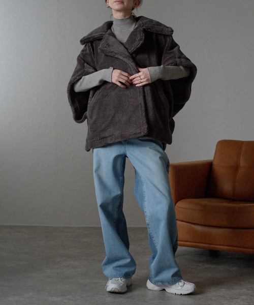 r.（アールドット） ポンチョ テディボア ケープコート レディース