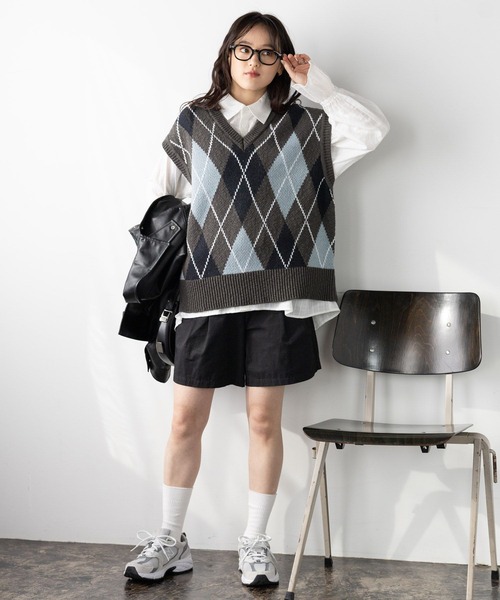 ニットベスト レディース ベスト アーガイル Vネック かわいい 大人可愛い カジュアル おしゃれ かっこいい こなれ感 ラフ メンズライク マニッシュ RAGEBLUE ベスト ジレ アーガイルVネックニットベスト