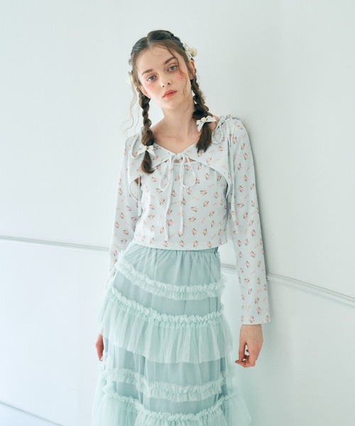 リボン＆フラワー柄ボレロキャミアンサンブルトップス レディース Lovilyn リボン＆フラワー柄ボレロキャミアンサンブルトップス