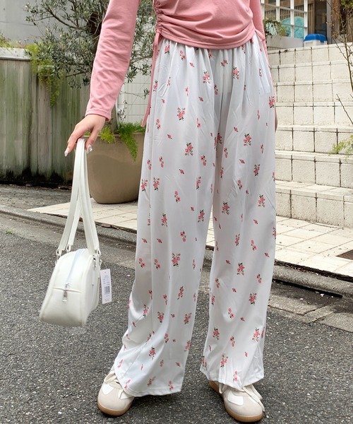 Mejoul パジャマ ルームウェア 小花柄ホワイトイージーフレア
