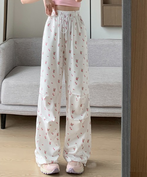 Mejoul パジャマ ルームウェア 小花柄プリント イージーワイドパンツ