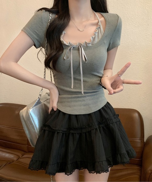 レイヤードリボンプTシャツ レディース