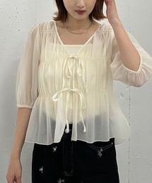 最終価格❗️ito fukuoka シャーリングブラウス　オフホワイト 長袖リボン SALE❗️ito fukuoka シャーリングブラウスオフホワイト 長袖リボン