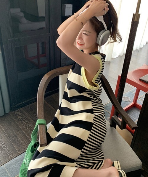 ニット セーター パッチワークノースリーブ配色ボーダー柄ニットワンピース レディース FAVORITO ニット セーター パッチワークノースリーブ配色