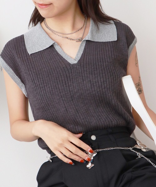 ♡ruページ♡ ROOP TOKYO ベスト ジレ 透かし編み 襟付き ニットベスト