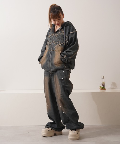 デニムジャケット gジャン トライバルフリンジ デニムZIPパーカー