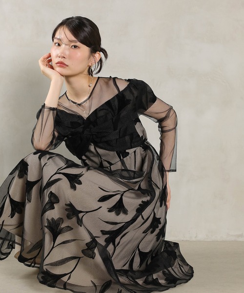 ドレス フロッキーレース チュール ボリュームデザイン Aライン ワンピース ドレスパーティー 結婚式 お呼ばれ オケージョンの画像