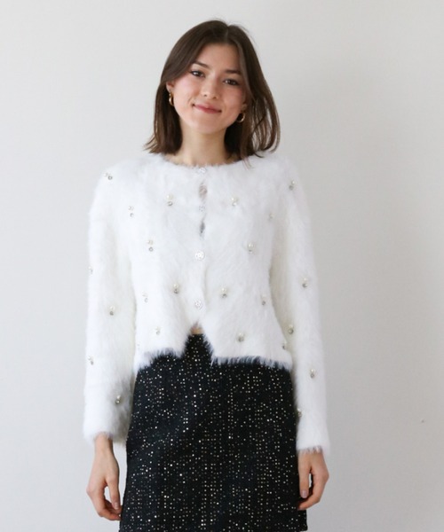 カーディガン パールビジューアクセント モヘアカーディガン