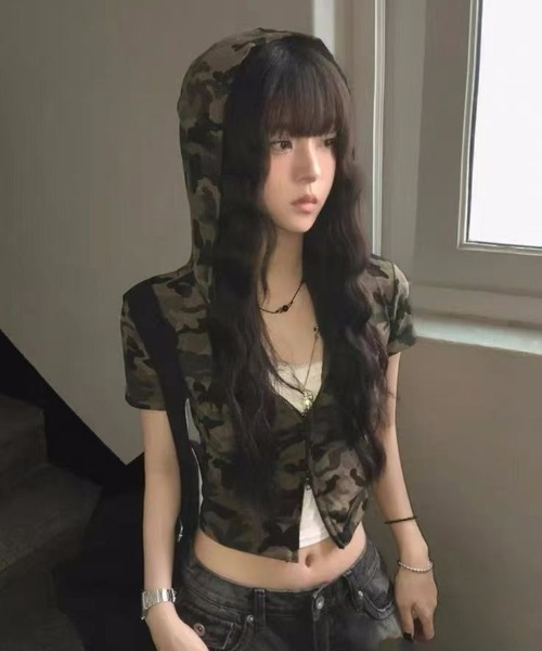 TAICHI レディース 迷彩柄 フード付きパーカー（春夏） lilful パーカー 「26年春夏新作」迷彩柄 ダブルジップ ショート丈半袖