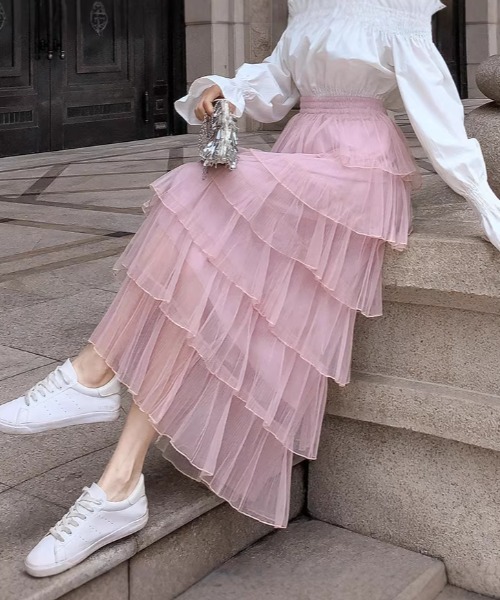 【未使用級】PINK HOUSE ティアードスカート くま バラ フリル LACーVERT ロング スカート ティアードフリルシアースカート