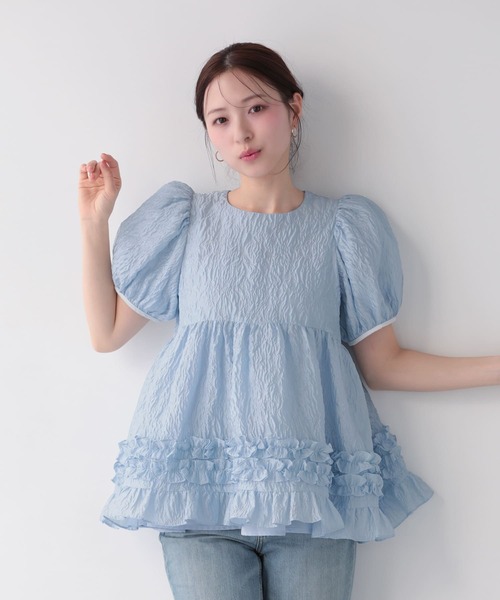 値下げ！yori ヨリ ジャガード ダブルフレア tee トップス フリル Fit more（フィットモア） ジャガード裾ダブルフリルトップス
