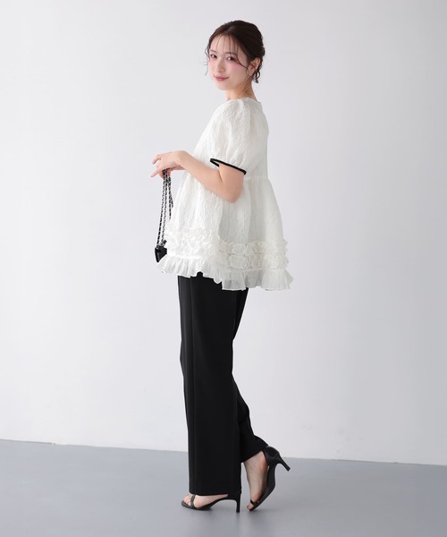 Fit more（フィットモア） ジャガード裾ダブルフリルトップス