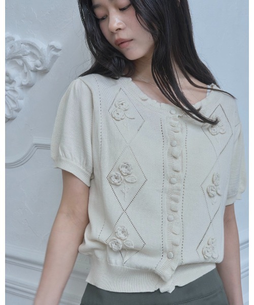 Smyeon カーディガン 半袖 Embroidered short sleeve knit cardigan