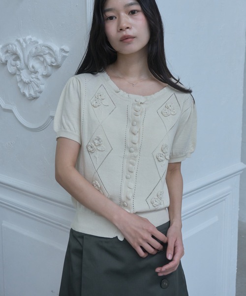 萌 MOYURU シワ加工 変形 カーディガン 半袖 コットン M-L Smyeon カーディガン 半袖 Embroidered short sleeve knit cardigan