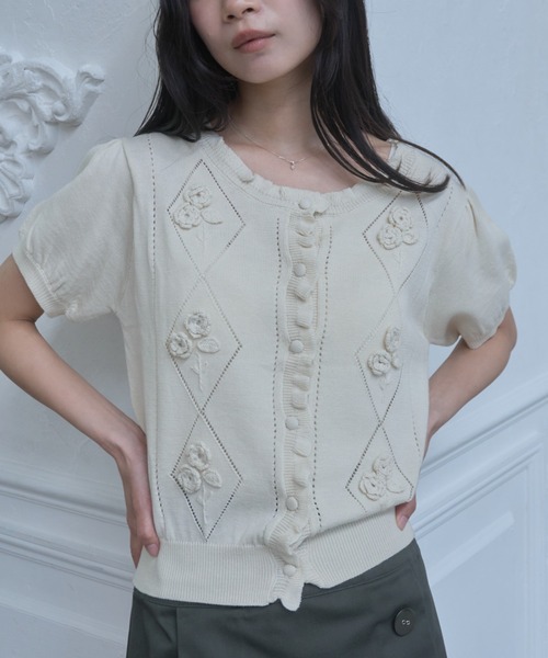 Smyeon カーディガン 半袖 Embroidered short sleeve knit cardigan