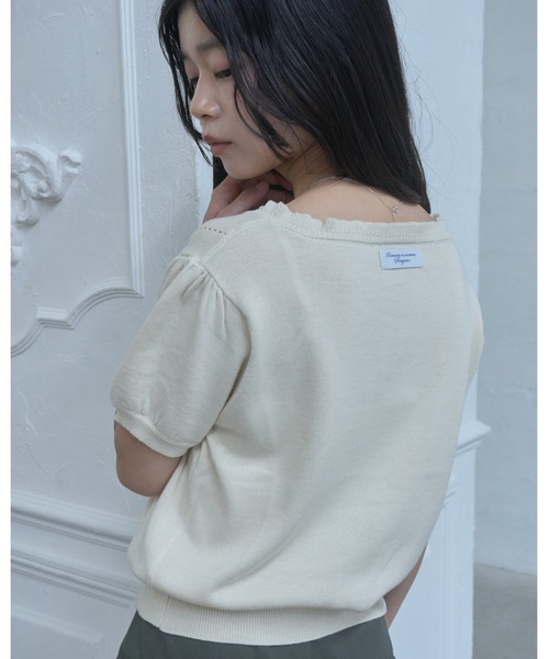 smyeon 刺繍半袖ニットカーディガン アイボリー Smyeon カーディガン 半袖 Embroidered short sleeve knit cardigan