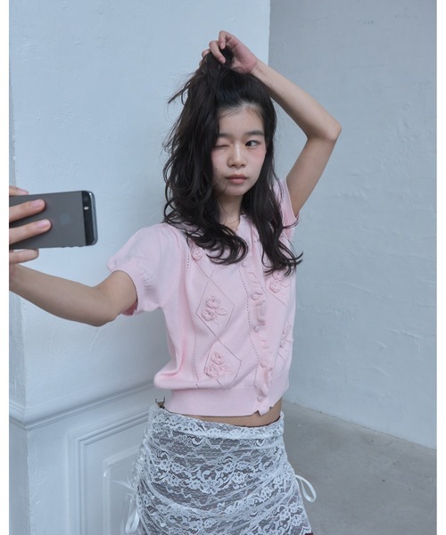 Smyeon カーディガン 半袖 Embroidered short sleeve knit cardigan