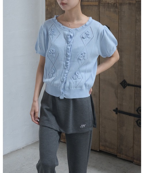 Smyeon カーディガン 半袖 Embroidered short sleeve knit cardigan
