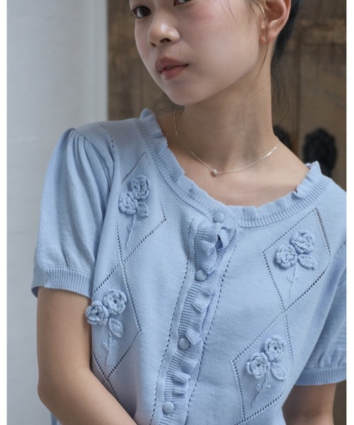 Smyeon カーディガン 半袖 Embroidered short sleeve knit cardigan