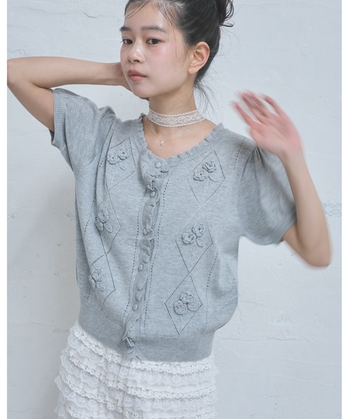 Smyeon カーディガン 半袖 Embroidered short sleeve knit cardigan