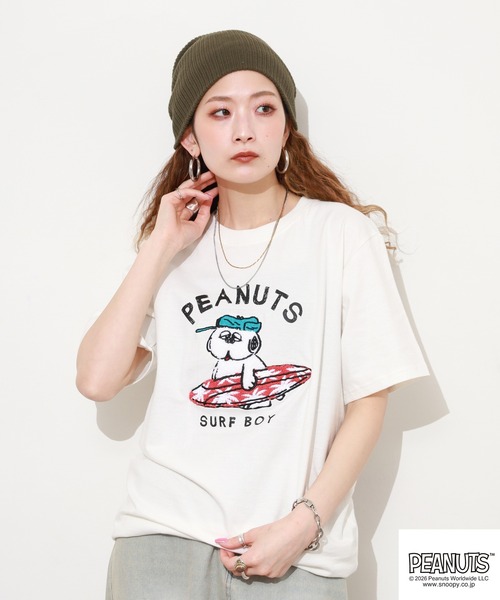 PEANUTS tシャツ 半袖 オラフ柄サガラ刺繍天竺半袖Tシャツ レディース