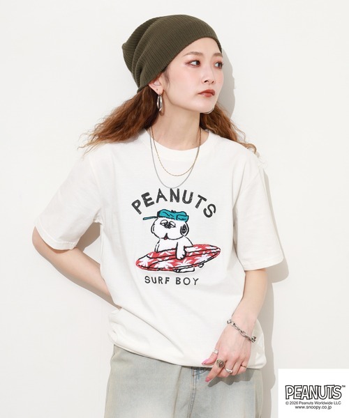 PEANUTS tシャツ 半袖 オラフ柄サガラ刺繍天竺半袖Tシャツ レディース