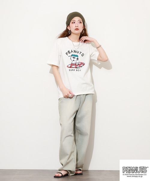 PEANUTS tシャツ 半袖 オラフ柄サガラ刺繍天竺半袖Tシャツ レディース