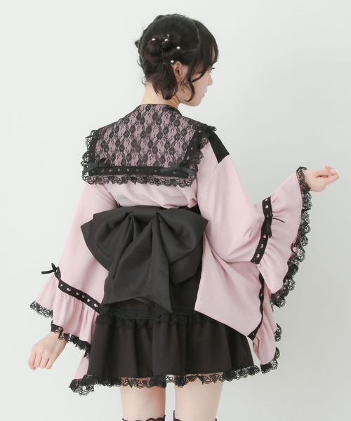 【y2k♡姫ギャル浴衣ドレス ハートりぼん♡レースフリル ブラック×ピンク】 DearMyLove 浴衣 ハートレースフリルセーラーミニ浴衣 レディース