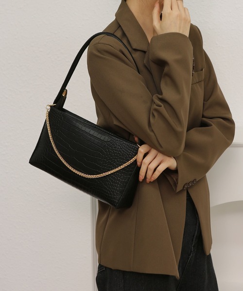 クロコダイル本革トップハンドルバッグショルダー付き