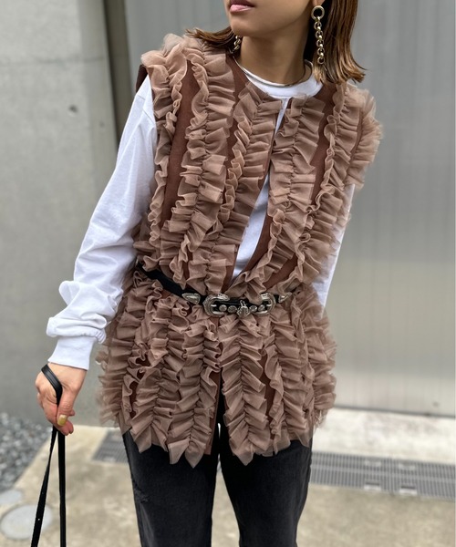 LASUD｜チュールフリルジレ(olive) | Rakuten Fashion(楽天