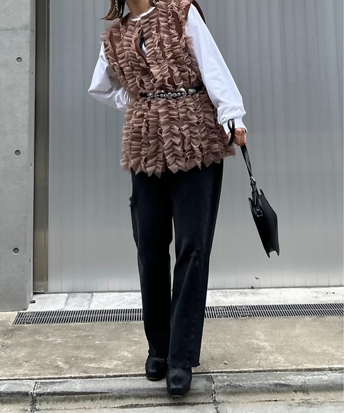 ベスト ジレ チュールフリルニットベスト レディース mi via loca ベスト ジレ チュールフリルベスト レディース