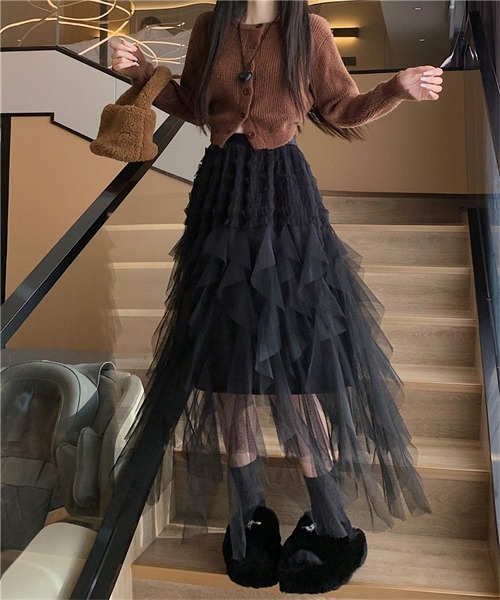 FREE STYLISTS スカート イレヘムフリルロングチュールスカート