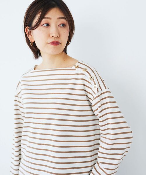 tシャツ ボタン付きボーダープルオーバー レディース