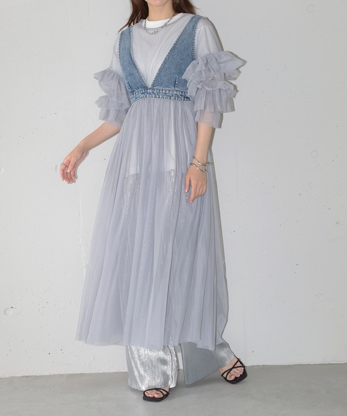 グレー チュール フリル ワンピース チュールフリルレイヤードサテンワンピース【洗濯機洗い可