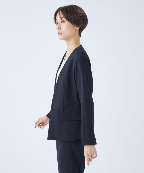 NATURAL BEAUTY BASIC ノーカラー パンツスーツ 紺 洗える GeeRA セットアップ 「2点セット」ウォッシャブル/防シワ/UV