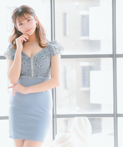 水色フリルタイトキャバドレス Tika ドレス キャバドレス フリル袖フラワーレースフロント