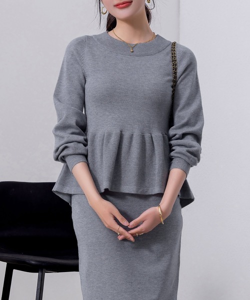 DAY CLOSET セットアップ レディース 長袖ペプラムニットトップス+