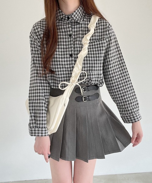ブラウス シャツ ドロスト仕様 フロントシャーリングチェックシャツ レディース WEGO シャツ ブラウス WEGO/ドロストチェックシアーショート