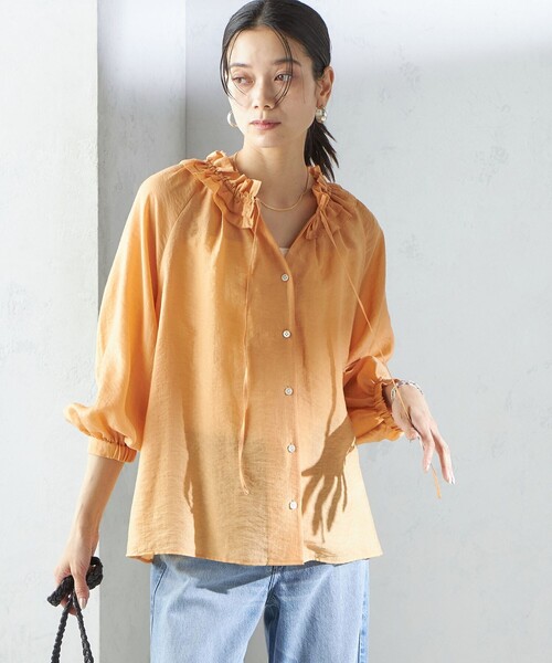 流線柄シフォン タックギャザーブラウス ファッション シャツ ブラウス PC5524 SHIPS（シップス） ブラウス シャツ 「手洗い可能」シルク混 シアー