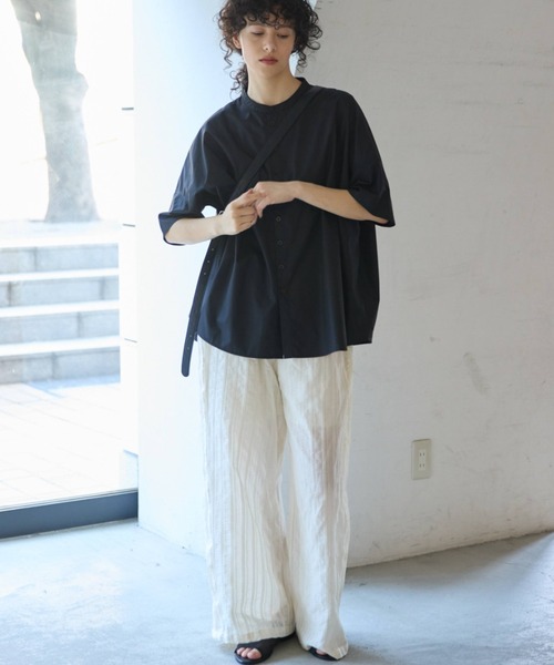 ブラウス シャツ バンドカラーラウンドヘムストライプシャツ/セットアップ対応 レディース Libra Cue ブラウス シャツ バンドカラーラウンドヘムシャツ