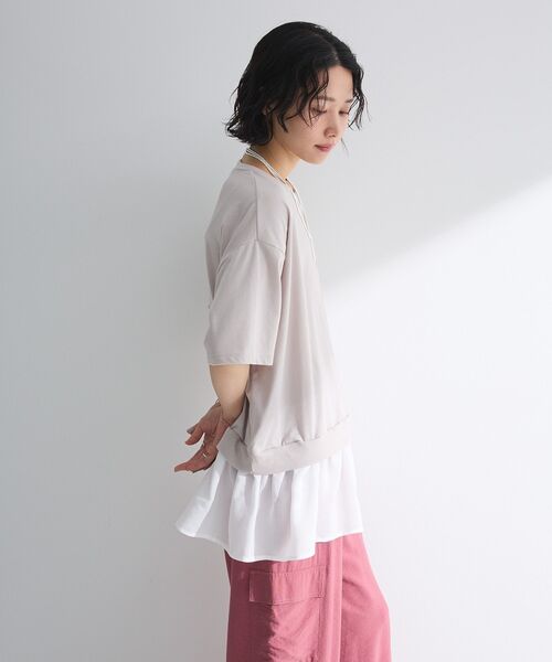 Green Parks tシャツ 裾フリルドッキング5分袖プルオーバー