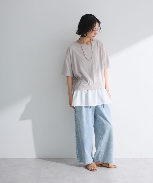フリルドッキングオーバーシャツ　グリーン Green Parks tシャツ 裾フリルドッキング5分袖プルオーバー