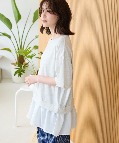 Green Parks tシャツ 裾フリルドッキング5分袖プルオーバー