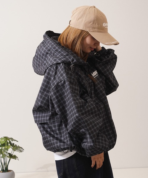 ブルゾン アウター チェック柄 ダブルZIP フードブルゾン / Checkered