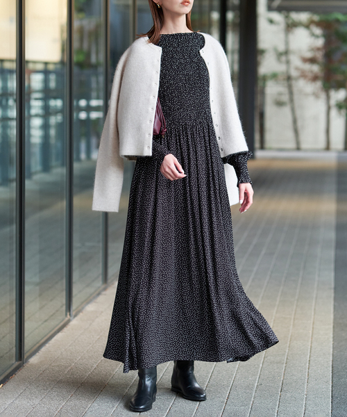 スローブイエナ グレー 5分袖ギャザーロングフレアワンピース CASADEL