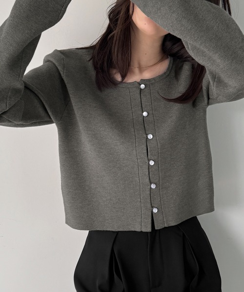 JUNOAH（ジュノア） カーディガン クリア釦ショートニットカーディガン