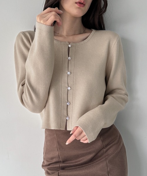 JUNOAH（ジュノア） カーディガン クリア釦ショートニットカーディガン