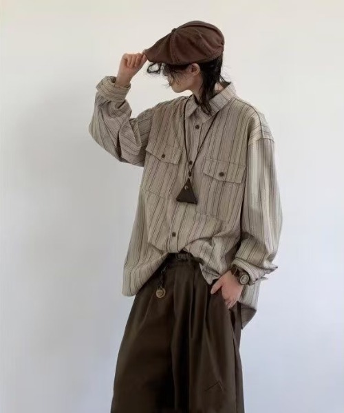 FreeZone シャツ ストライプ柄オーバーサイズシャツ メンズ レディース