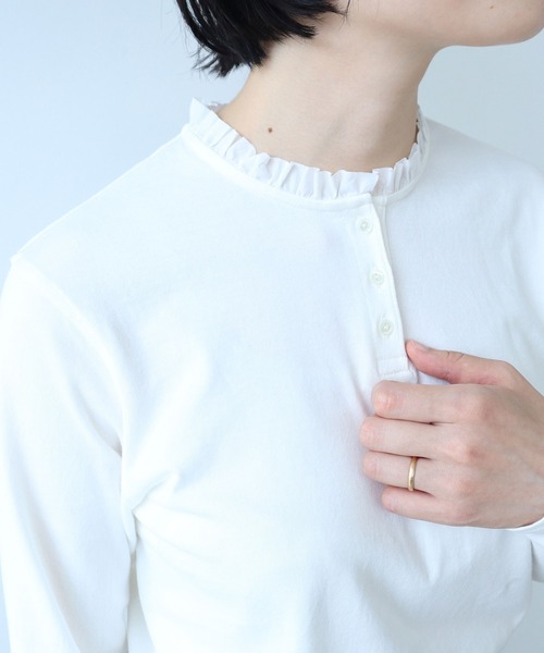 PAR ICI（パーリッシィ） tシャツ コーマ天竺 ヘンリーネックフリル